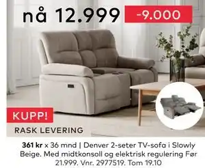 Skeidar Denver 2-seter TV-sofa i Slowly Beige, NOK 12999 tilbud