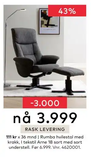 Skeidar Rumba hvilestol med krakk, NOK 3999 tilbud