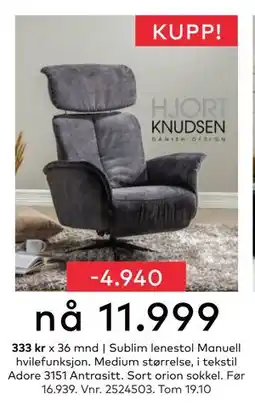 Skeidar Sublim lenestol Manuell hvilefunksjon, NOK 11999 tilbud