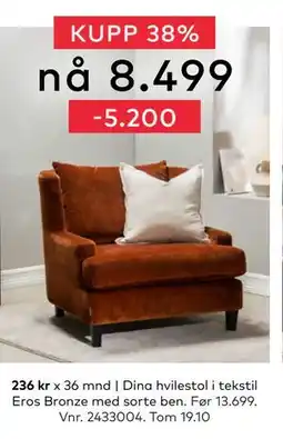 Skeidar Dina hvilestol i tekstil Eros Bronze med sorte ben, NOK 8499 tilbud