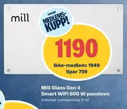 Obs Bygg Mill Glass Gen 4 Smart WiFi 600 W panelovn, NOK 1949, Medlemspris tilbud