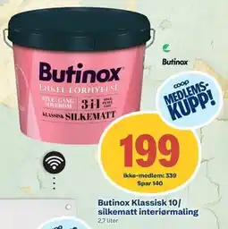 Coop Byggmix Butinox Klassisk 10/ silkematt interiørmaling, NOK 339, Medlemspris tilbud