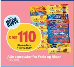 Coop Obs Alle storplater fra Freia og Nidar, NOK 59.3 tilbud