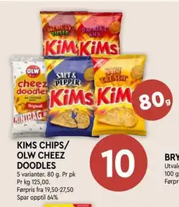 Coop Mega KIMS CHIPS/ OLW CHEEZ DOODLES, NOK 10 tilbud