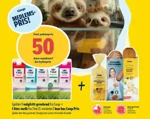 Coop Prix 1 valgfritt grovbrød fra Coop + 1 liter melk fra Tine, Medlemspris tilbud