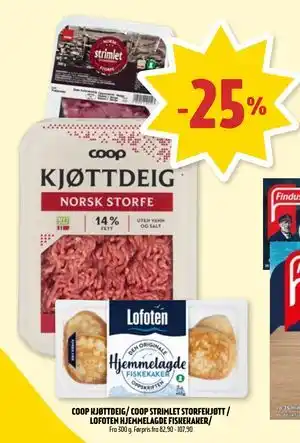 Coop Prix COOP KJØTTDEIG/ COOP STRIMLET STORFEKJØTT / LOFOTEN HJEMMELAGDE FISKEKAKER tilbud