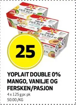Bunnpris YOPLAIT DOUBLE 0% MANGO, VANILJE OG FERSKEN/PASJON., NOK 25 tilbud