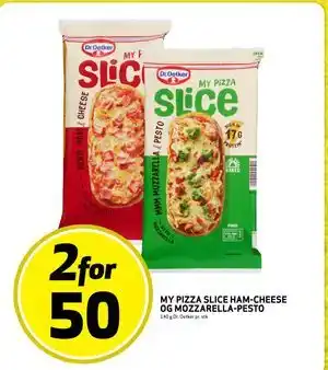 Bunnpris MY PIZZA SLICE HAM-CHEESE OG MOZZARELLA-PESTO, NOK 50 tilbud