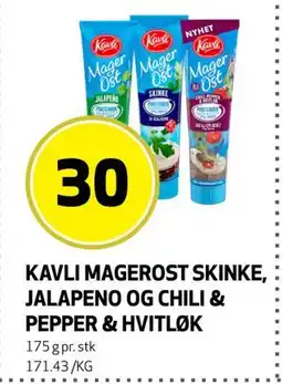 Bunnpris KAVLI MAGEROST SKINKE, JALAPENO OG CHILI & PEPPER & HVITLØK, NOK 30 tilbud