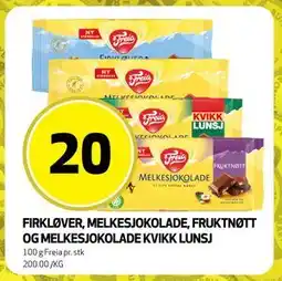 Bunnpris FIRKLØVER, MELKESJOKOLADE, FRUKTNØTT OG MELKESJOKOLADE KVIKK LUNSJ, NOK 20 tilbud