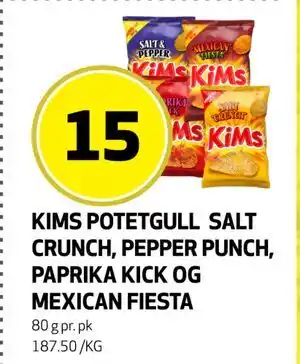 Bunnpris KIMS POTETGULL SALT CRUNCH, PEPPER PUNCH, PAPRIKA KICK OG MEXICAN FIESTA, NOK 15 tilbud