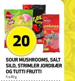 Bunnpris SOUR MUSHROOMS, SALT SILD, STRIMLER JORDBÆR OG TUTTI FRUTTI, NOK 20 tilbud