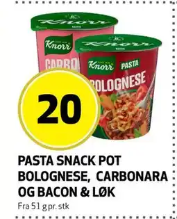 Bunnpris PASTA SNACK POT BOLOGNESE, CARBONARA OG BACON & LØK, NOK 20 tilbud