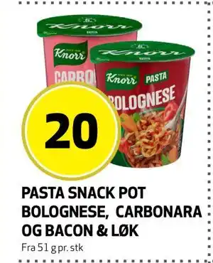 Bunnpris PASTA SNACK POT BOLOGNESE, CARBONARA OG BACON & LØK, NOK 20 tilbud