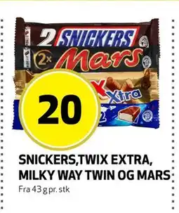 Bunnpris SNICKERS,TWIX EXTRA, MILKY WAY TWIN OG MARS, NOK 20 tilbud