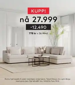 Skeidar Roma hjørnesofa 3-seter, NOK 27999 tilbud
