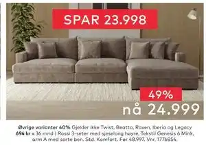 Skeidar Rossi 3-seter med sjeselong høyre, NOK 24999 tilbud