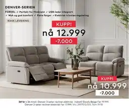 Skeidar Denver 3-seter recliner elektrisk, NOK 12999 tilbud