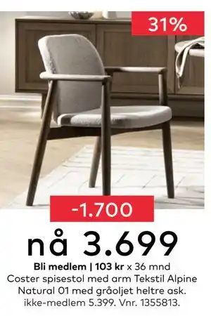 Skeidar Coster spisestol med arm, NOK 5399, Medlemspris tilbud