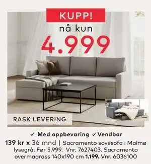 Skeidar Sacramento sovesofa, NOK 4999 tilbud