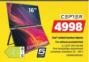 POWER 15,6 dobbel bærbar skjerm, NOK 4998 tilbud
