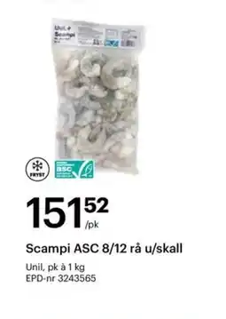 Storcash UNIL Scampi asc 8/12 rå u/skall tilbud