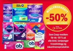Coop Extra 50 % på alle bind, tamponger truseinnlegg og inkontinensprodukter tilbud