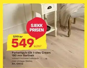 Parkettgulv Eik 1-stav Cream 180 mm Barlinek, NOK 549