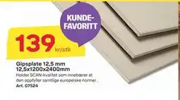 Byggmax Gipsplate 12,5 mm 12,5x1200x2400mm, NOK 139 tilbud