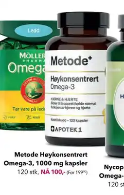 Apotek 1 Metode Høykonsentrert Omega-3, 1000 mg kapsler, NOK 100 tilbud