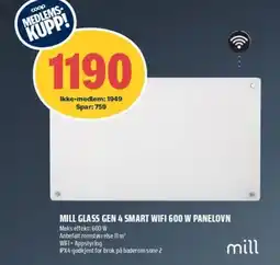 Coop Obs Mill glass gen 4 smart wifi 600 w panelovn tilbud
