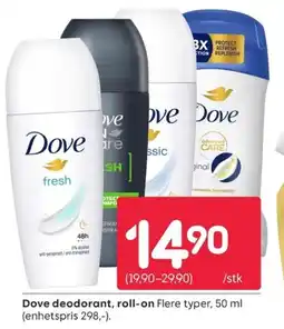 Rusta Dove deodorant, roll-on tilbud