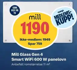 Coop Obs Mill Glass Gen 4 Smart WiFi 600 W panelovn tilbud