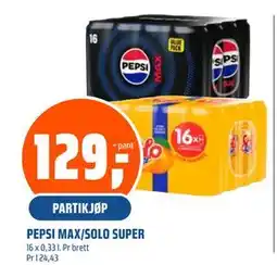 Coop Obs PEPSI MAX/SOLO SUPER, NOK 129 tilbud