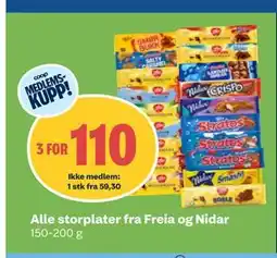Coop Obs Alle storplater fra Freia og Nidar, NOK 59.3 tilbud