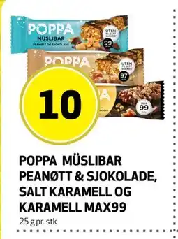 Bunnpris Poppa Müslibar Peanøtt & sjokolade. Salt karamell og karamell max99, NOK 10 tilbud