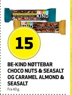 Bunnpris BE-KIND NØTTEBAR CHOCO NUTS & SEASALT OG CARAMEL ALMOND & SEASALT, NOK 15 tilbud