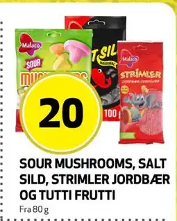 Bunnpris SOUR MUSHROOMS, SALT SILD, STRIMLER JORDBÆR OG TUTTI FRUTTI, NOK 20 tilbud