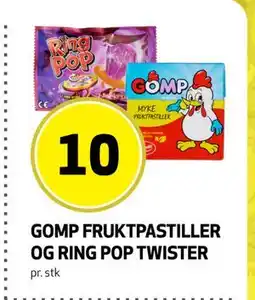 Bunnpris GOMP FRUKTPASTILLER OG RING POP TWISTER, NOK 10 tilbud