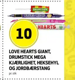 Bunnpris LOVE HEARTS GIANT, DRUMSTICK MEGA KJÆRLIGHET, HEKSEHYL OG JORDBÆRSTANG, NOK 10 tilbud