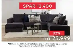 Skeidar Chillux U-sofa Sjeselong venstre, 2-seter og åpen ende høyre i tekstil ErOS, NOK 25999 tilbud