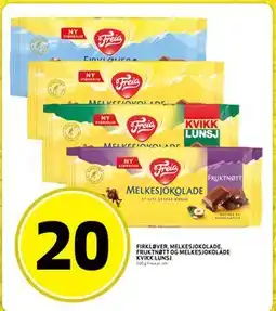 Bunnpris FIRKLØVER, MELKESJOKOLADE, FRUKTNØTT OG MELKESJOKOLADE KVIKK LUNSJ, NOK 20 tilbud