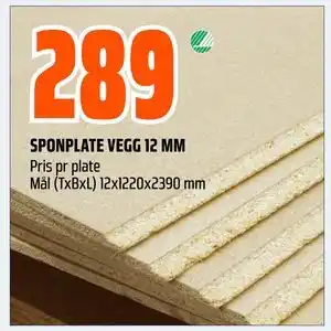 Obs Bygg SPONPLATE VEGG 12 MM, NOK 289 tilbud