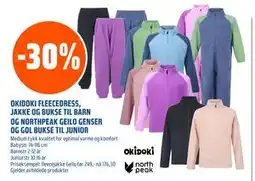 Coop Obs OKIDOKI FLEECEDRESS, JAKKE OG BUKSE TIL BARN OG NORTHPEAK GEILO GENSER OG GOL BUKSE TIL JUNIOR tilbud