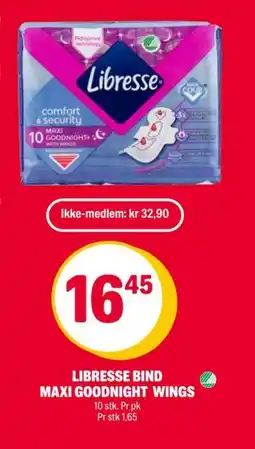 Coop Extra LIBRESSE BIND MAXI GOODNIGHT WINGS, NOK 32.9, Medlemspris tilbud