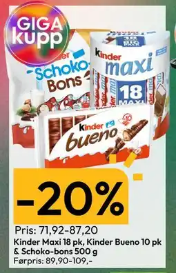 Gigaboks Kinder Maxi 18 pk, Kinder Bueno 10 pk & Schoko-bons 500 g tilbud