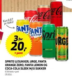 Bunnpris Sprite U/Sukker, Urge, Fanta Orange Zero, Fanta Lemon og Coca-Cola Sleek M/U Sukker, NOK 20 tilbud