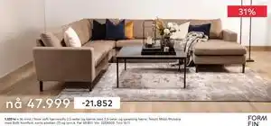 Noor soft hjørnesofa 2,5-seter og hjørne med 2,5-seter og sjeselong høyre, NOK 47999