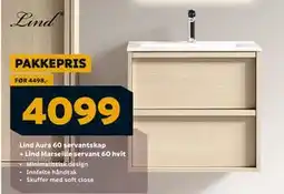 Megaflis Lind Aura 60 servantskap + Lind Marseille servant 60 hvit, NOK 4099 tilbud