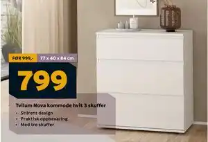 Megaflis Tvilum Nova kommode hvit 3 skuffer, NOK 799 tilbud